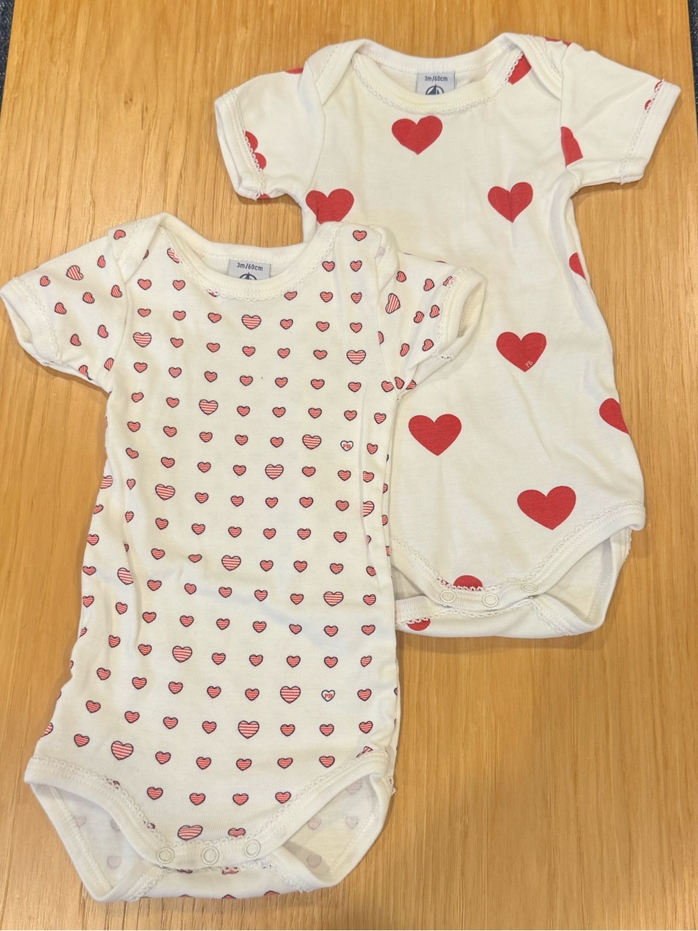 Set of 2 Petit Bateau heart bodysuit onesies (size 3m) 100% cotton